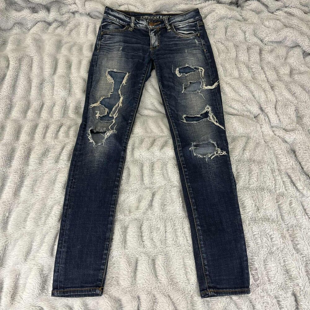 American Eagle Jeans Women 0 Jegging Super Stretch Distressed Dark Grunge Ripped